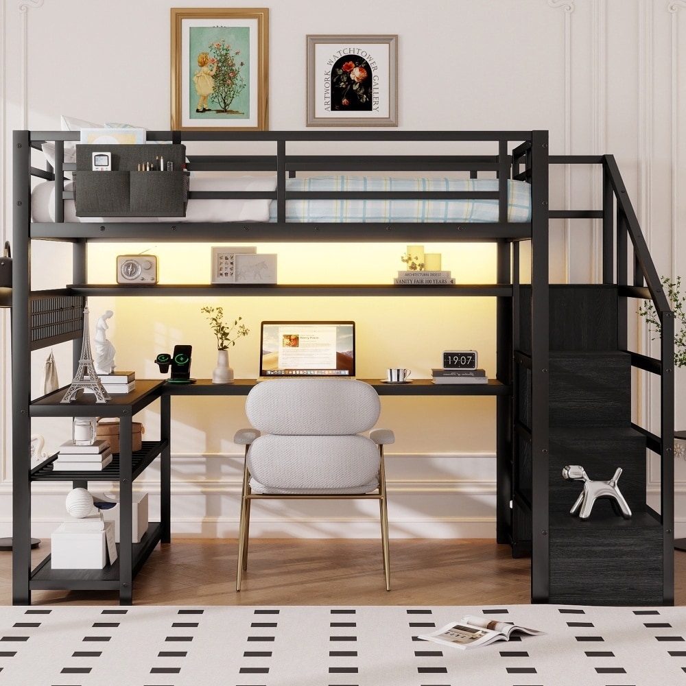 Metal Loft Bed with Wardrobe,Shelves,LED Lights and Charge Station