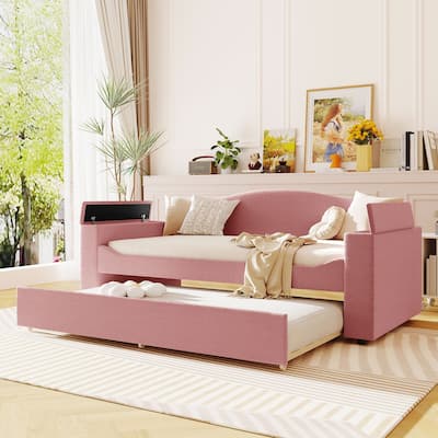 Twin Size Upholstered Daybed with Storage Armrests, Trundle and Latest Integrated Bluetooth Audio System, Teddy Fleece