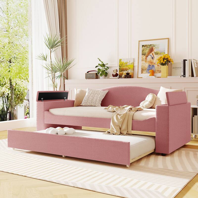 Upholstered Daybed with Storage Armrests, Trundle and Latest Integrated Bluetooth Audio System