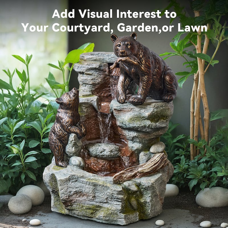 Vbal 3-Tier Outdoor Fountain with 2 Climbing Bears – Polyresin Rainforest Water Feature with Weather-Resistant