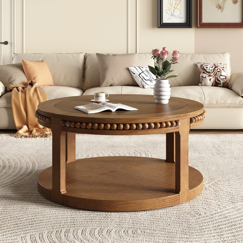 Round Solid Wood Coffee Table, Two-Tier Design with Sturdy Construction for Living Room Elegance
