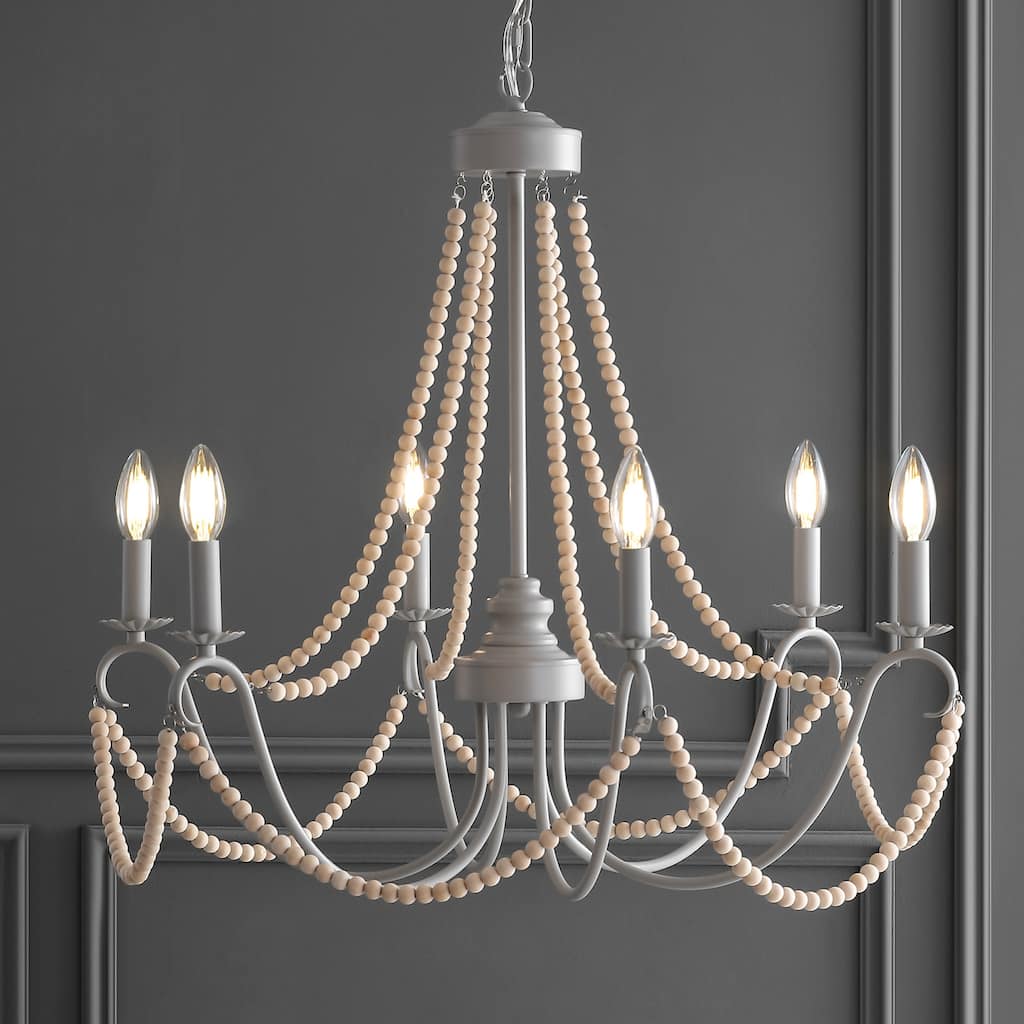 Orbit 6-Light 27" Adjustable Greige Metal/Wood Bead LED Chandelier, Grey/Natural by JONATHAN Y