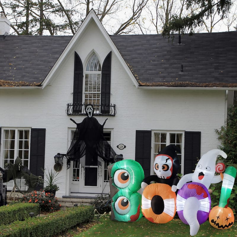Haunted Hill Farm 8-ft. Wide Prelit Inflatable Boo Sign with Reaper and Ghost