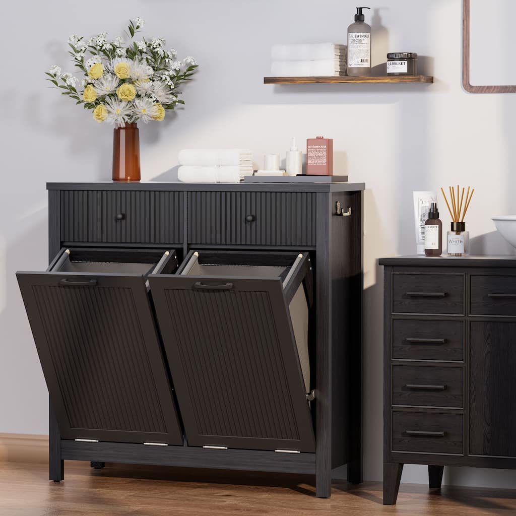 Black 20 Gallon Double Tilt Out Trash Cabinet with 2 Drawers