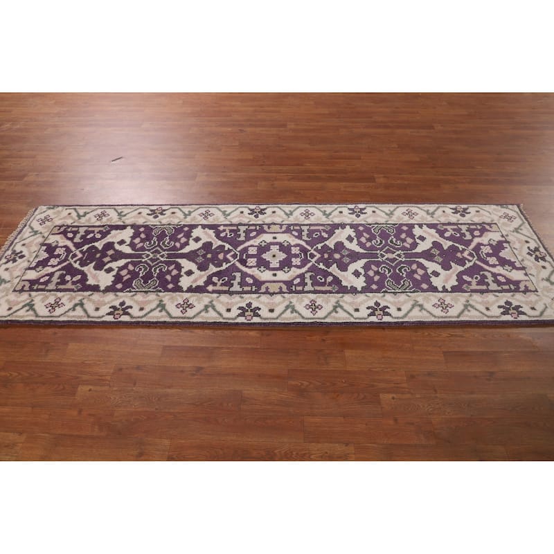 Purple & Ivory Oushak Indian Runner Rug Handmade Wool Carpet - 2'7"x 8'1"