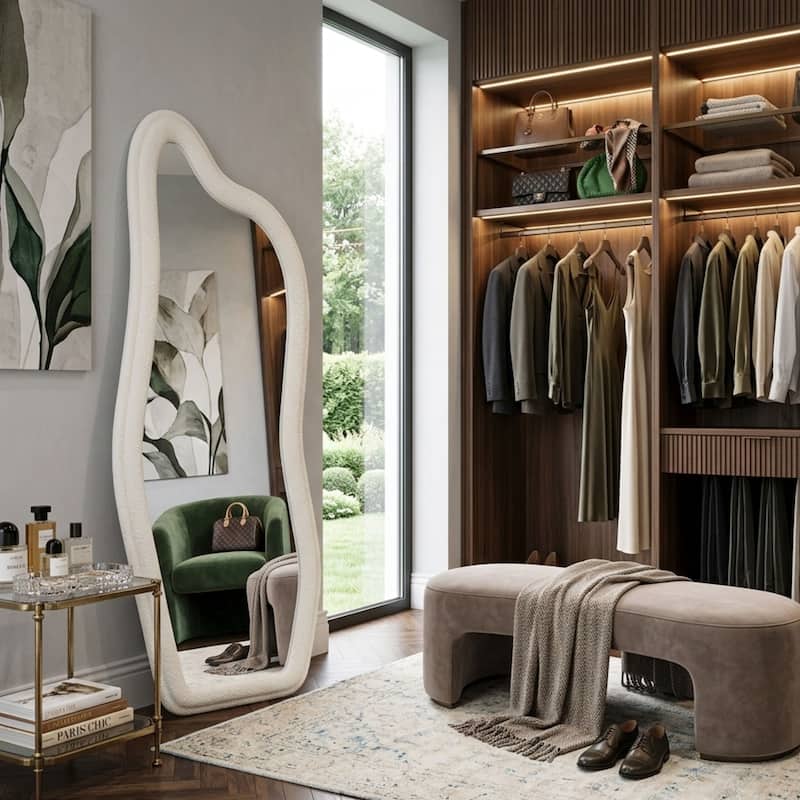 Aria Home Groove Wavy Floor Mirror 24x63 White Boucle Sculptural Decor