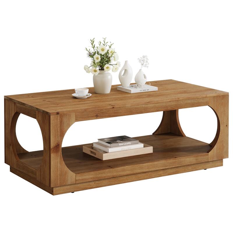 Solid Wood Coffee Table, 47.2" Farmhouse Center Tables with 2-tier Storage - 23.6"D x 47.2"W x 17.72"H
