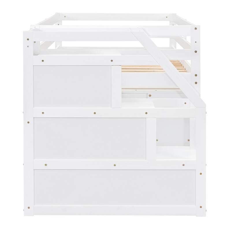 Pine Wood Low Loft Bed with Storage Stairs, Shelves, Retractable Writing Desk, 3 Drawers, Wooden Lofbed Frame for Kids Bedroom