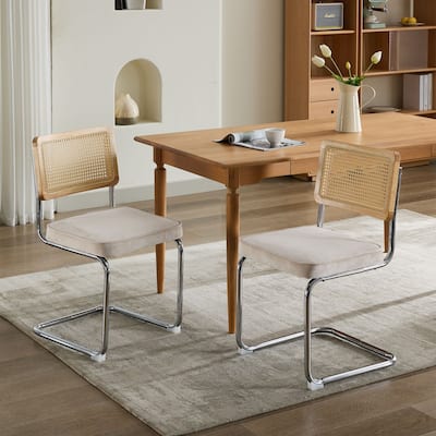 Mid-Century Modern Dining Chairs Set of 2, Upholstered Velvet Accent Kitchen Chairs with Rattan Back