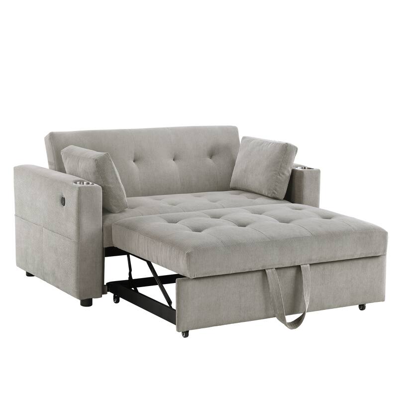 3 in 1 Convertible Pull Out Couch, Tufting Loveseat with Cupholders and USB Ports, 2 Seater Sofa with Pillows and Storage Bag - Gray