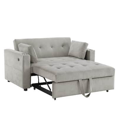 3 in 1 Convertible Pull Out Couch, Tufting Loveseat with Cupholders and USB Ports, 2 Seater Sofa with Pillows and Storage Bag