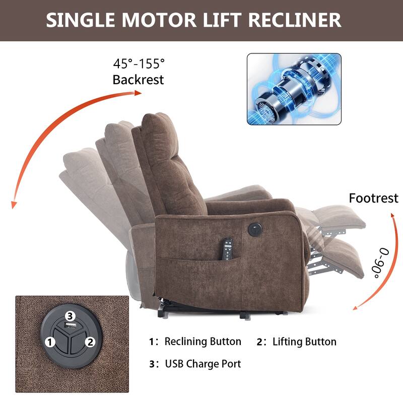 Single Motor Power Lift Recliner with USB Port and 155 Degree Recline