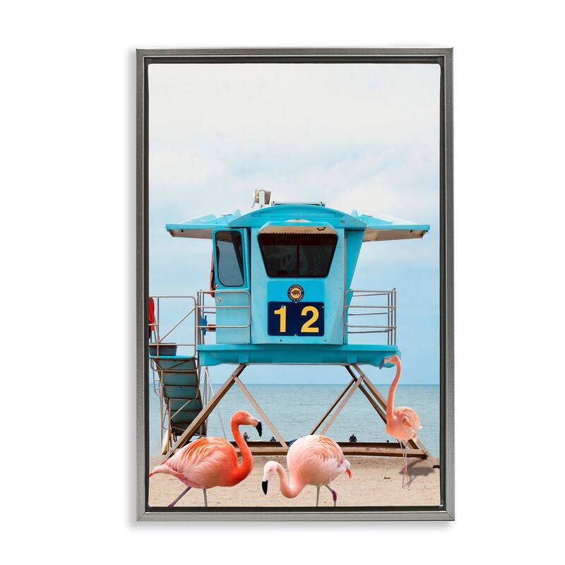 Stupell Beach Shore with Flamingoes Framed Floater Canvas Wall Art Design By Ashley Singleton - 21 x 31 - Grey