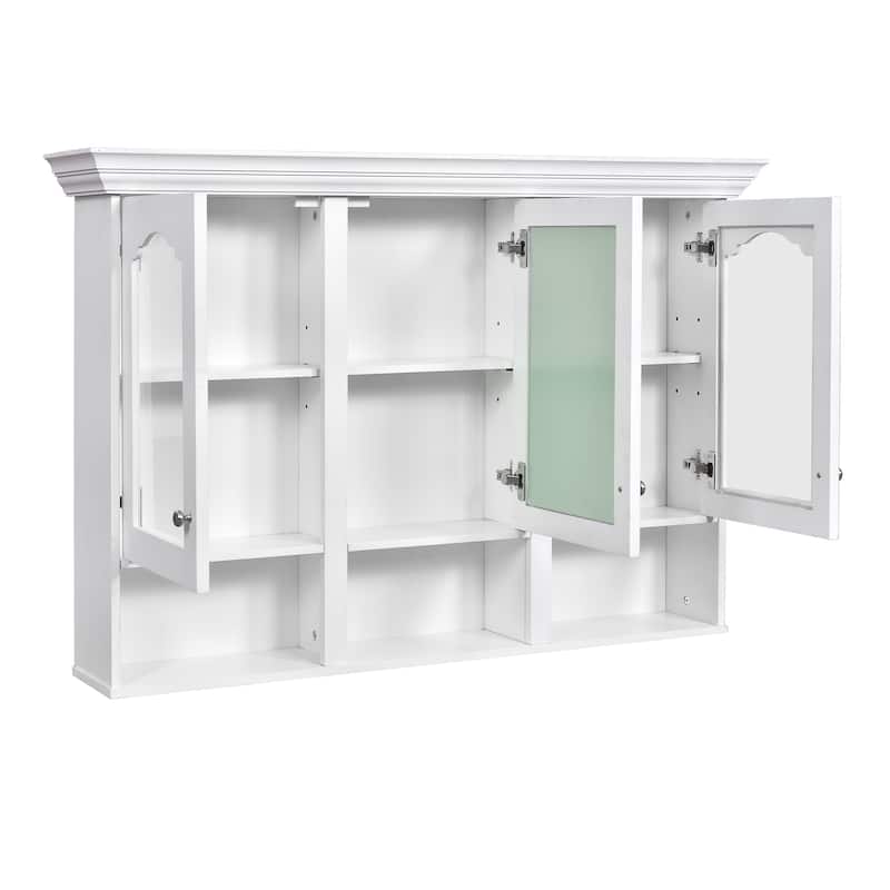 Bathroom Wall Cabinet with Mirror, Wall Mounted Bathroom Cabinet with Glass Doors, 3 Adjustable Shelves & 3 Open Compartments