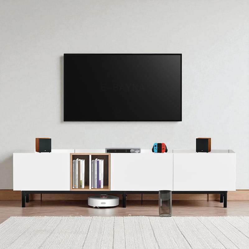 Modern 80 Inch TV Stand with 3 Drop-Down Doors, Entertainment Console with Large Storage Cabinet for Bedroom or Media Space - White