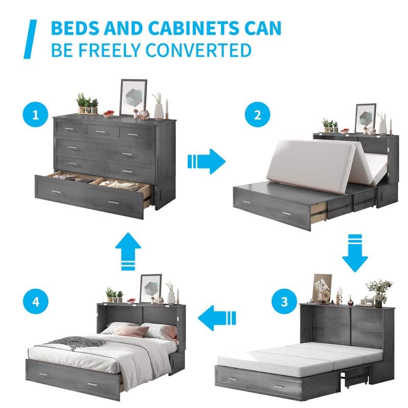 Mixoy Queen Murphy Bed Cabinet Bed Chest with Mattress,Drawers,USB Charging Station
