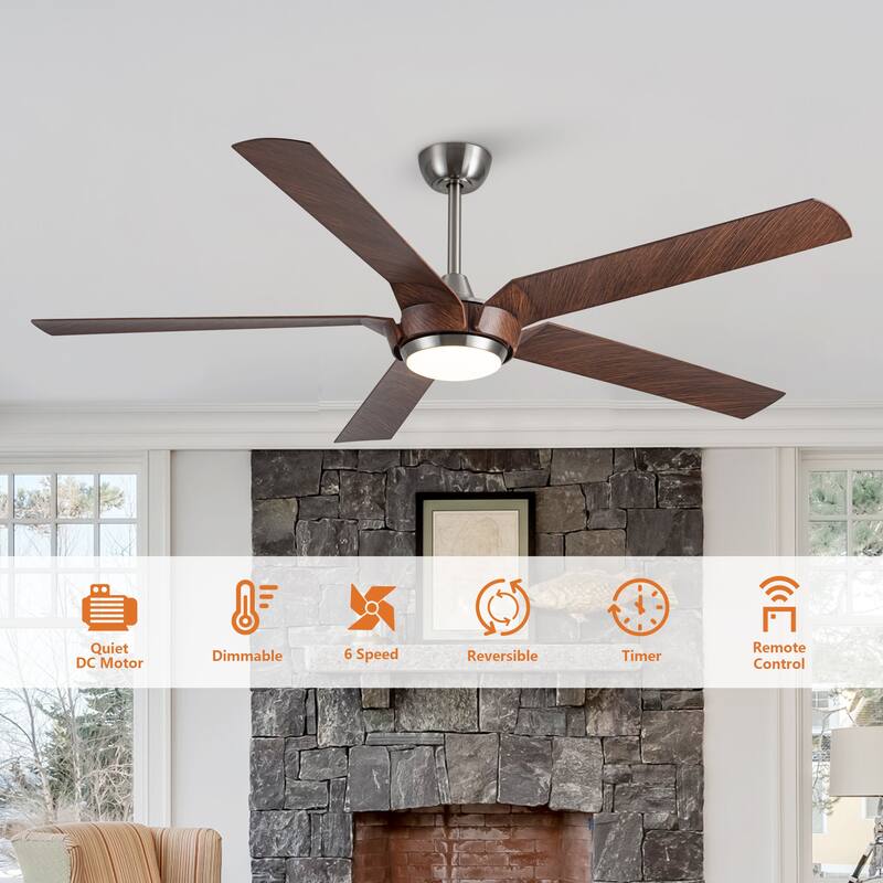 65" Brushed Nickel Modern 5-Blade LED Ceiling Fan with Light and Remote