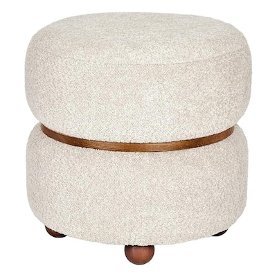 Aria Home Double Pouf Ottoman Stool in Beige with Walnut Trim Accent