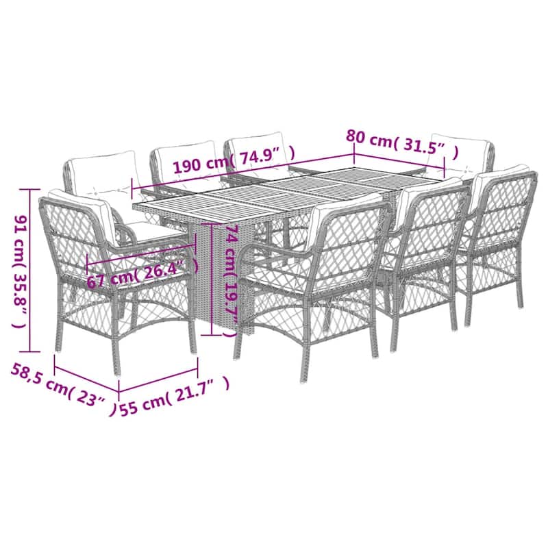 vidaXL Patio Dining Set with Cushions Table and Chair 7 Piece Poly Rattan