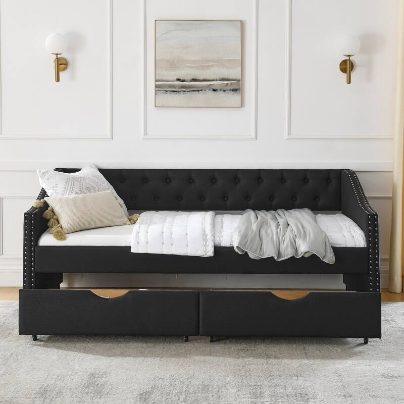 Twin Daybed with Drawers,Linen Upholstered Bed with Button on Back and Copper Nail