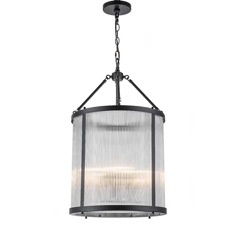 4 - Light Farmhouse Lantern Glass Drum Chandelier for Entryway - Ribbed Glass - Black