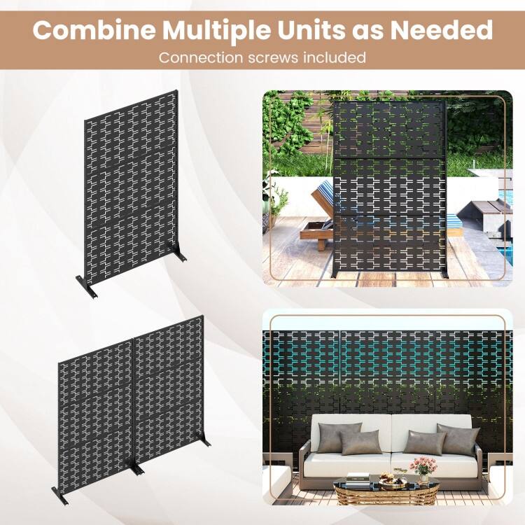 Black Metal Privacy Screen Panel with Freestanding Base and Decorative Design - 48" x 16" x 72" (L x W x H)