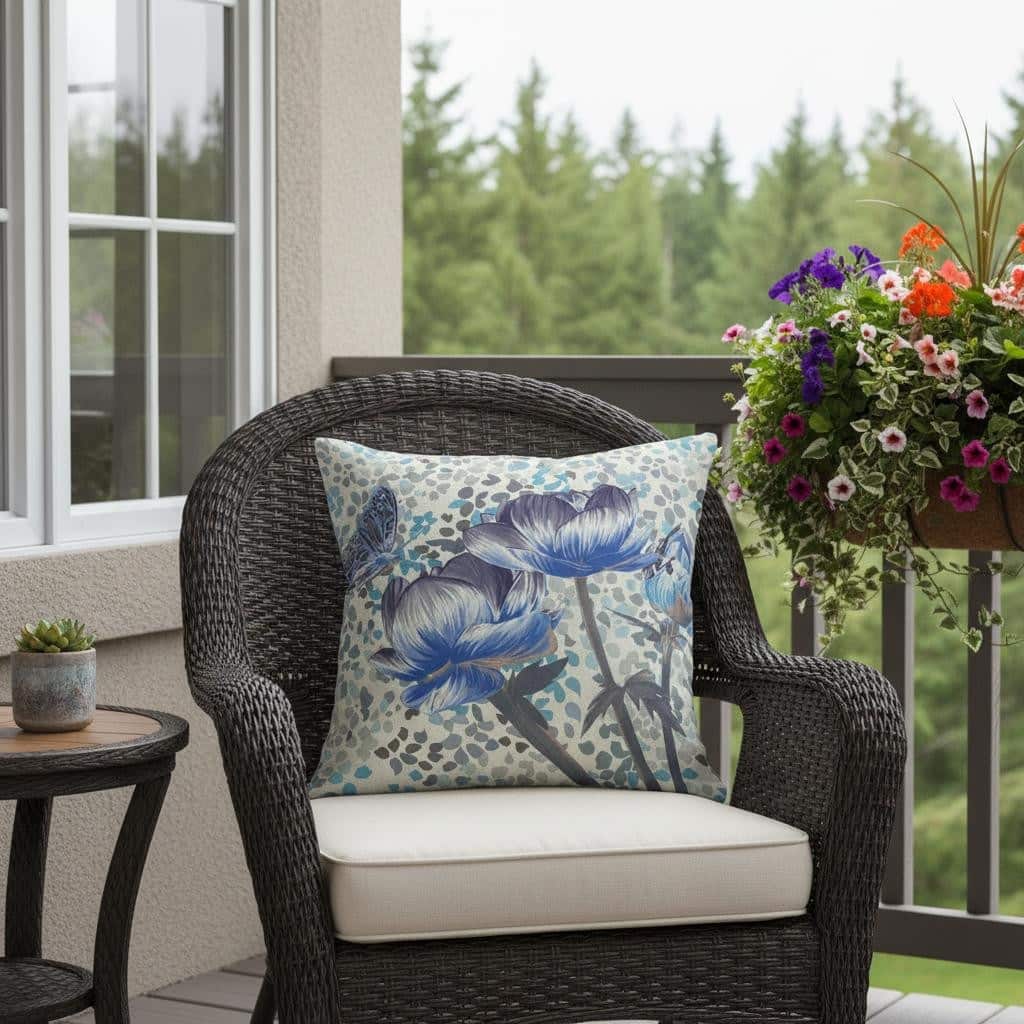 HomeRoots 18" x 18" Indigo Butterfly Blown Seam Floral Indoor Outdoor Throw Pillow - 18.00' X '5.00' X '18.00