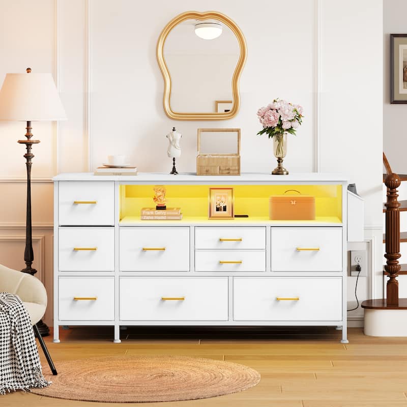 Moasis 50"W 9-drawer Fabric Dresser, Media Console, TV Stand with Outlets, RGB Lights