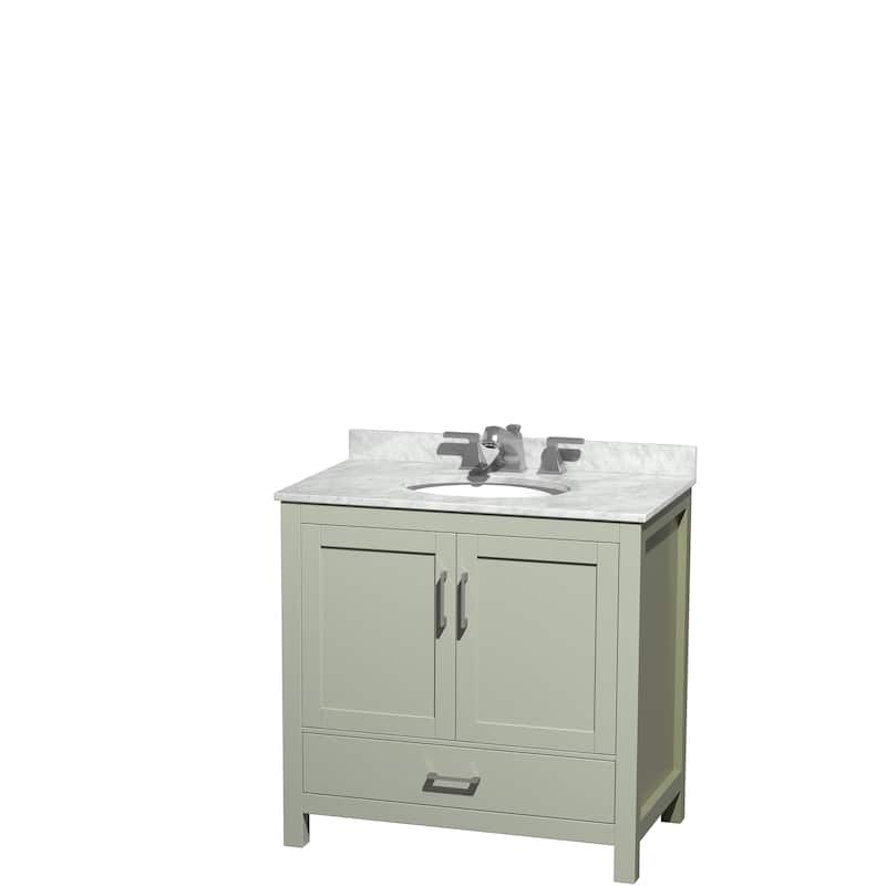 Wyndham Collection Sheffield Single Vanity Set - 36-Inch Single - Light Green, White Carrara Marble Top, Nickel Trim