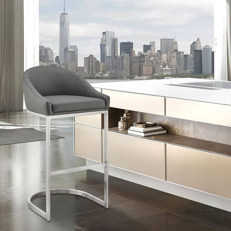 Katherine Upholstered Metal Bar or Counter Height Stool with Cantilever Base - Brushed Stainless Steel & Grey - Bar Height