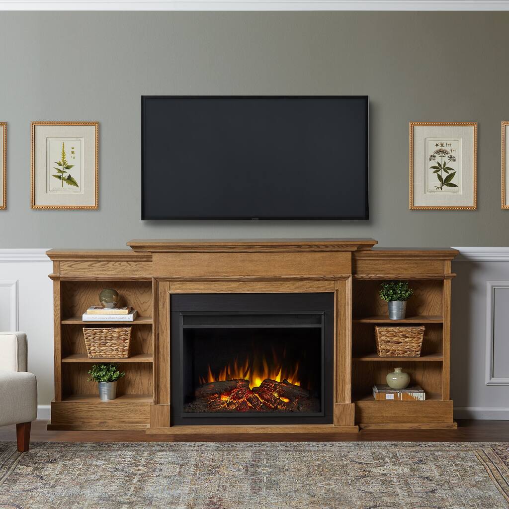 Ashton 93" Grand Media Electric Fireplace in English Oak by Real Flame - 92.375 x 14.5 x 42.5