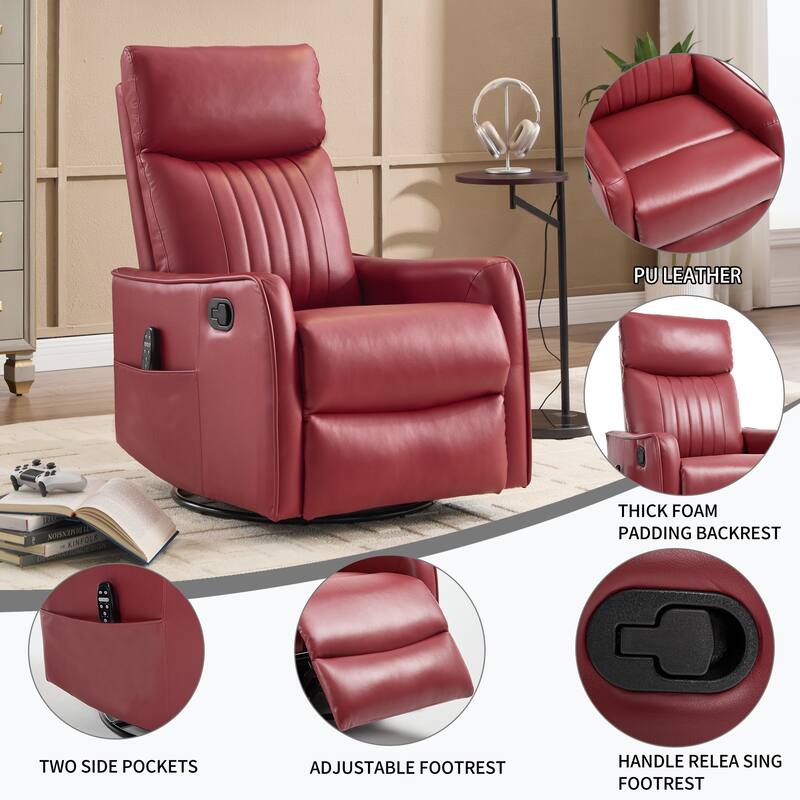 Roomfitters Swivel Rocker Recliner Chair, Manual Faux Leather Massage Armchair with Heat and Glider Motion, Living Room