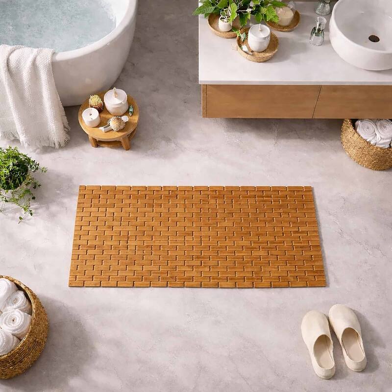 Natural Bamboo Bathroom Mat - Non Slip Bath Mat -Foldable Duckboard - 40"L x 16"W x 0.4"H - Light Brown