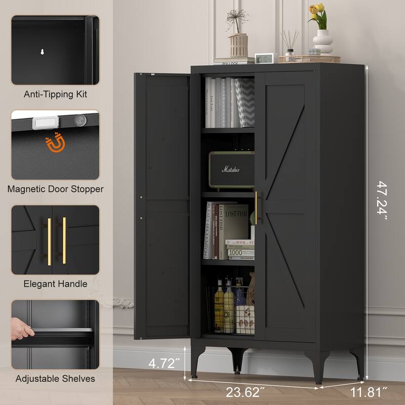 Anmytek Black 2-Door Storage Cabinet with Adjustable Shelves Anti-Tipping Magnetic Closure