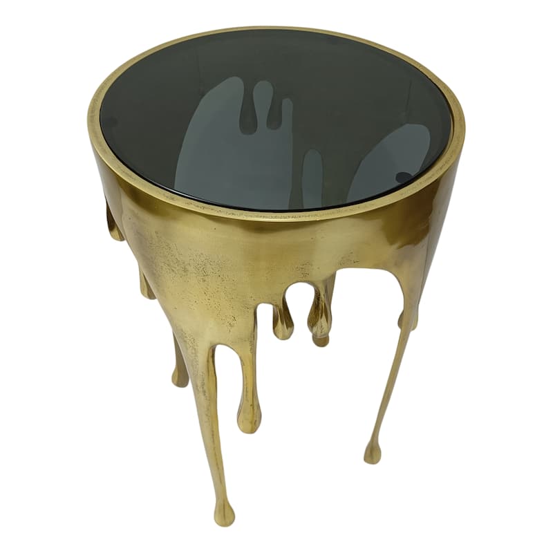 Capri Side End Table, 24.75 Inch Round Glass Top, Melting Drip Design, Antique Gold