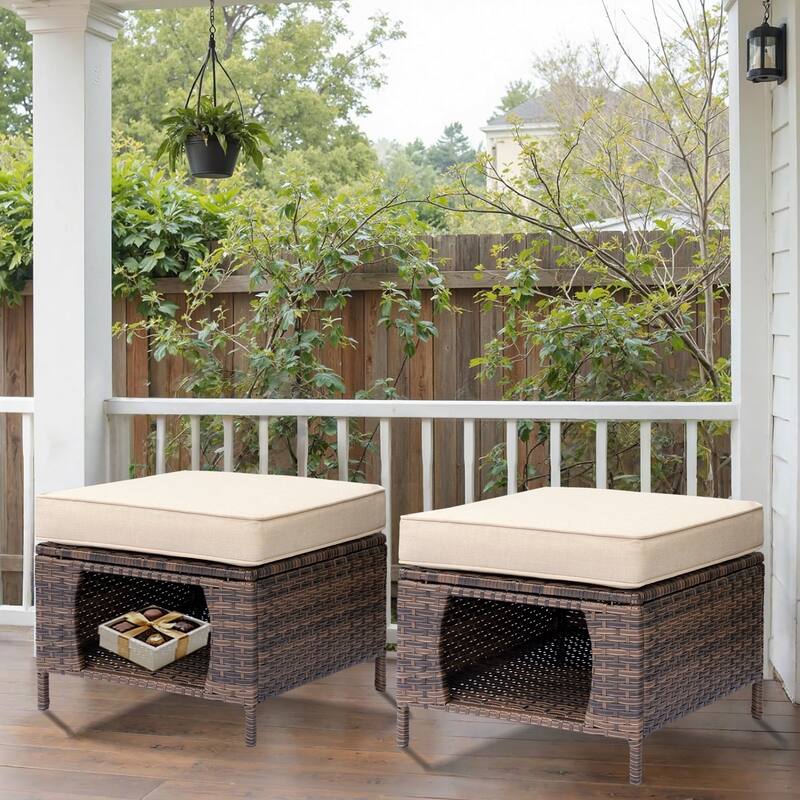 Outdoor Patio Cushioned Rattan Wicker Storage Ottomans (Set of 2) - 2 Piece - Cream/Brown Wicker