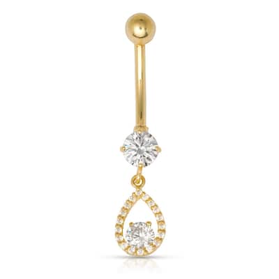 Curata Solid 10k Yellow Gold 14G Tear-drop Dangling Simulated Diamond CZ Belly Ring (7mm x 38mm)