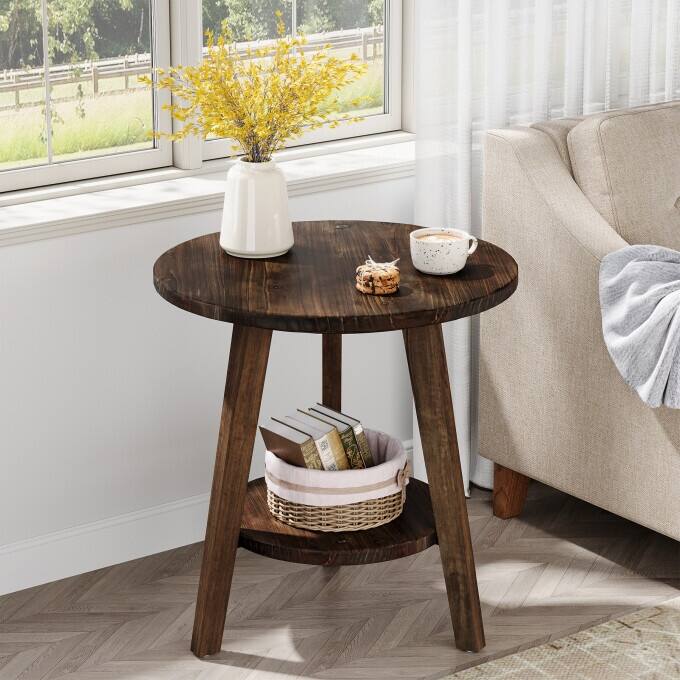Solid Wood End Table, 2 Tiers Round Side Table, Farmhouse Nightstand - 1PC - Dark Brown
