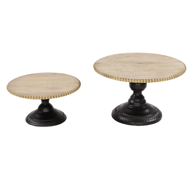 Light Brown Wood Cake Stand with Black Base (Set of 2) - 13 x 13 x 8 Round