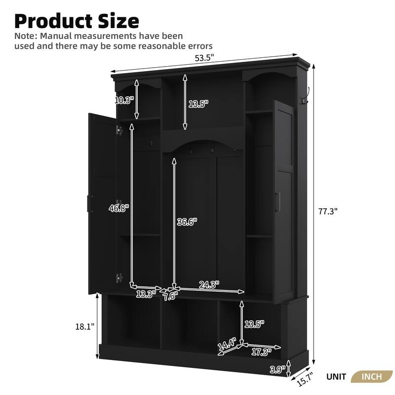 Modern Hall Tree with Adjustable Shelves Dual Cabinets Bench Entryway Organizer
