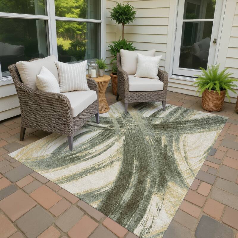 Machine Washable Indoor/ Outdoor Abstract Brushstroke Chantille Rug - Olive - 8' x 10'