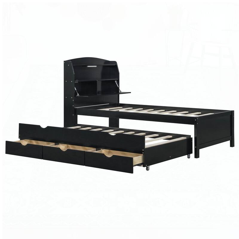 Wooden LED Platform Bed with Trundle