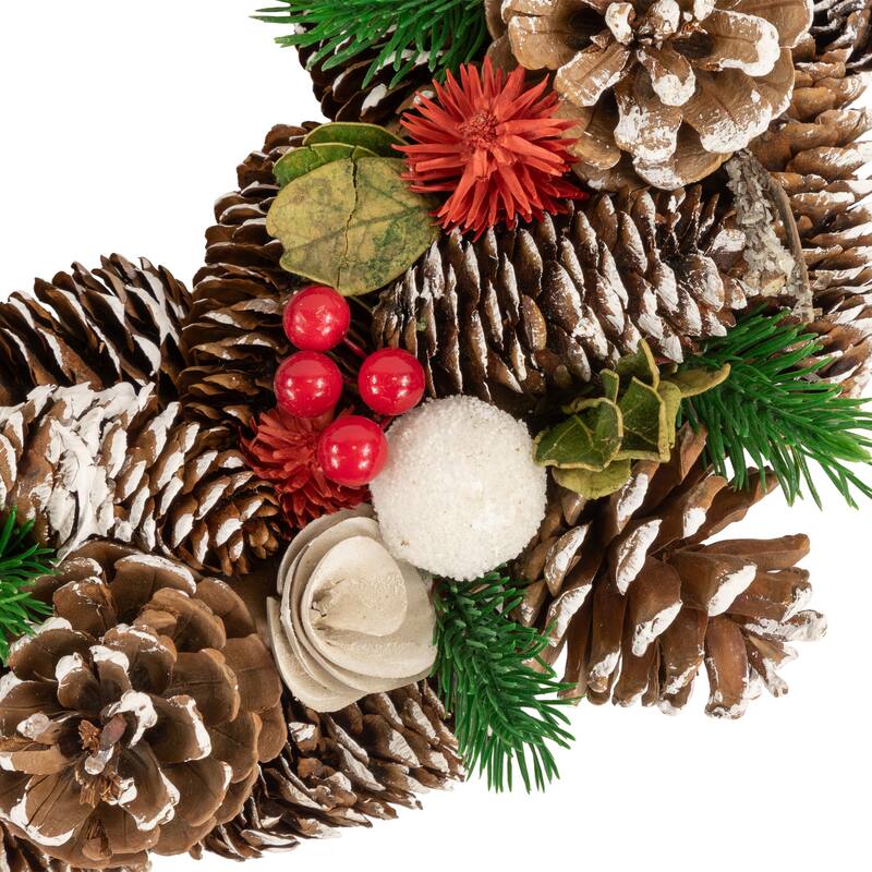 White Wooden Rose Pine Cone Artificial Christmas Wreath,13.5", Unlit