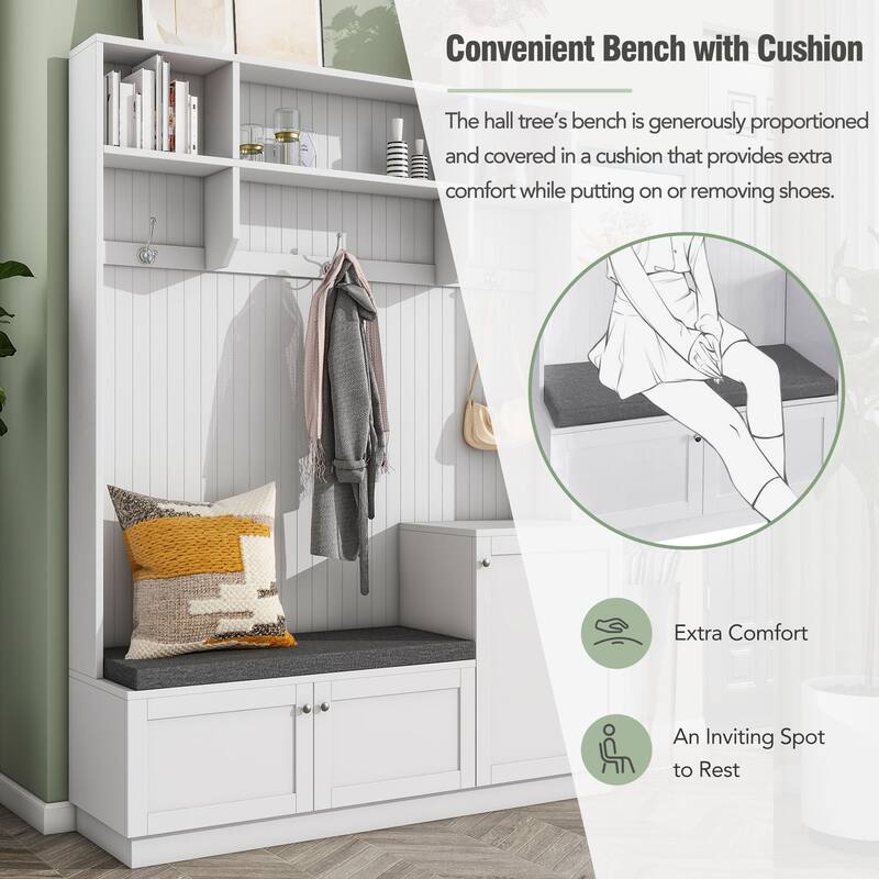 Hall Tree With Comfort And Storage Solutions, Functional Hallway Shoe Cabinet With Bench&Cushion,Coat Rack With Hooks