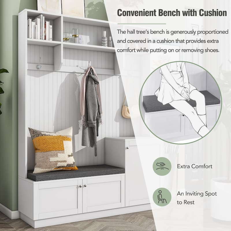 Modern Hall Tree with Padded Bench, 3 Cabinets, 3 Hooks, Shelves, Entryway Coat Rack & Shoe Storage, 59" Wide