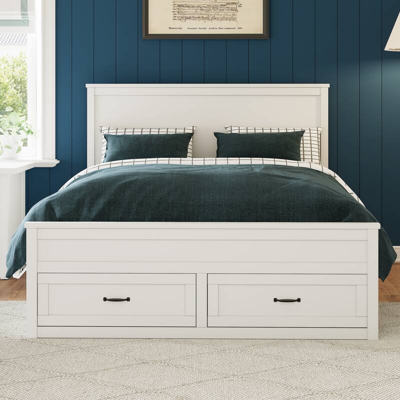 Modern Storage Bed Wood Bed Frame Queen Size Platform Bed with 6 Pull-out Storage Drawers and Panel Headboard Wood Slats Support
