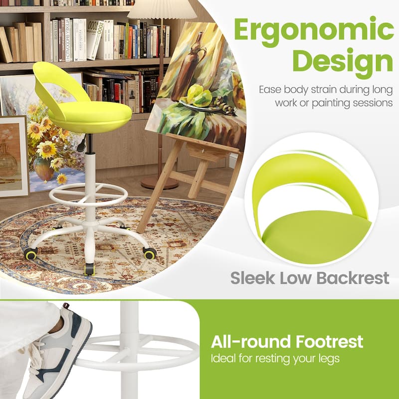 Green Ergonomic Swivel Seat Drafting Stool with Adjustable Height and Breathable Mesh Back - 20.5" x 18.5" x 35"-39.5"