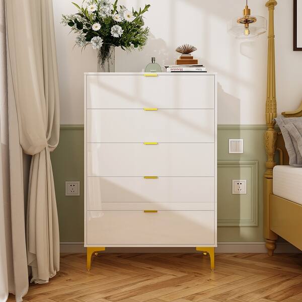 Glossy Dresser 5 Drawers Wood Dresser Storage Chest Gold Metal Legs - Bed  Bath & Beyond - 36884228
