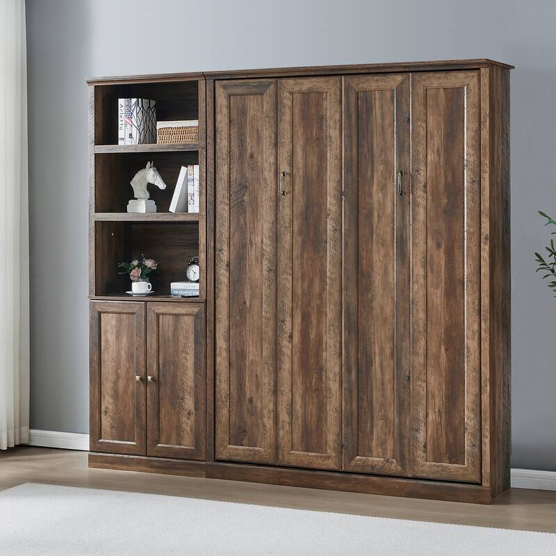 Half Self-Close and Open Murphy Bed with 2 Side Cabinet Storage Shelf