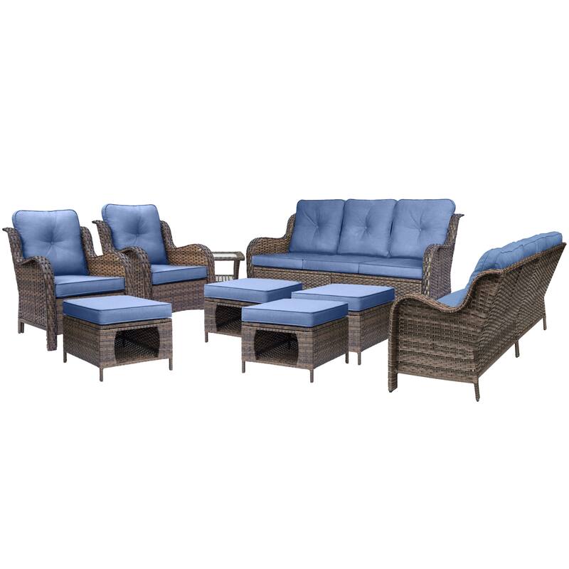 Brown Wicker Outdoor Patio Conversation Sets with Denim Blue Cushions